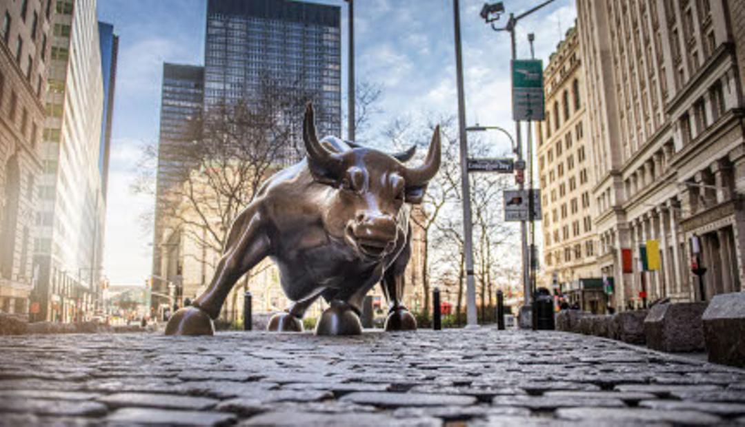 A photo of the Wall Street bull statue from a low perspective on a sunny day.