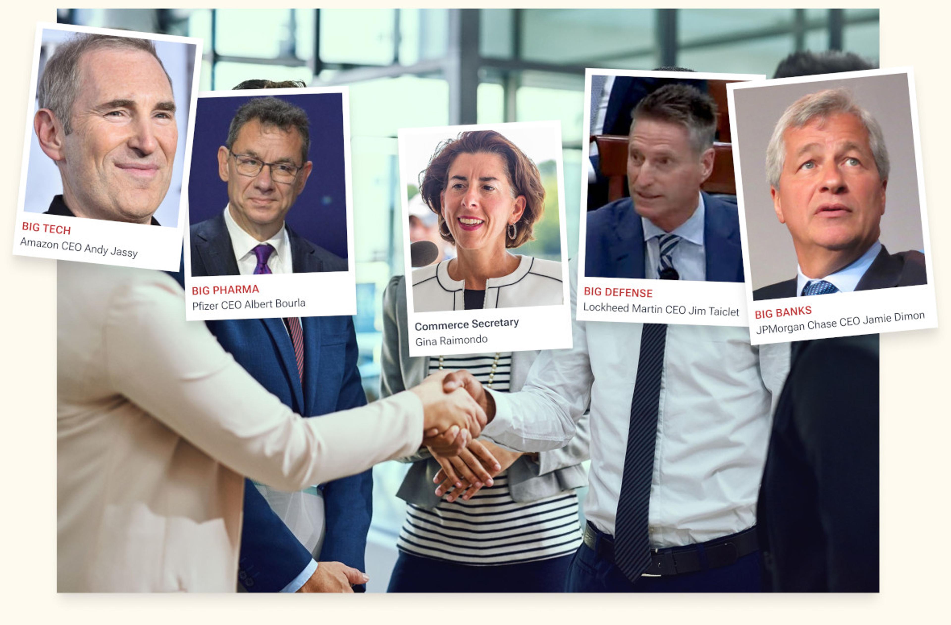 A clearly altered photograph of five people shaking hands, with images pasted on top of Big Tech's Amazon CEO Andy Jassy, Big Pharma Pfizer CEO Albert Bourla, Commerce Secretary Gina Raimondo, Big Defense Lockheed Martin CEO Jim Taiclet, and Big Banks JPMorgan Chase CEO Jamie Dimon.