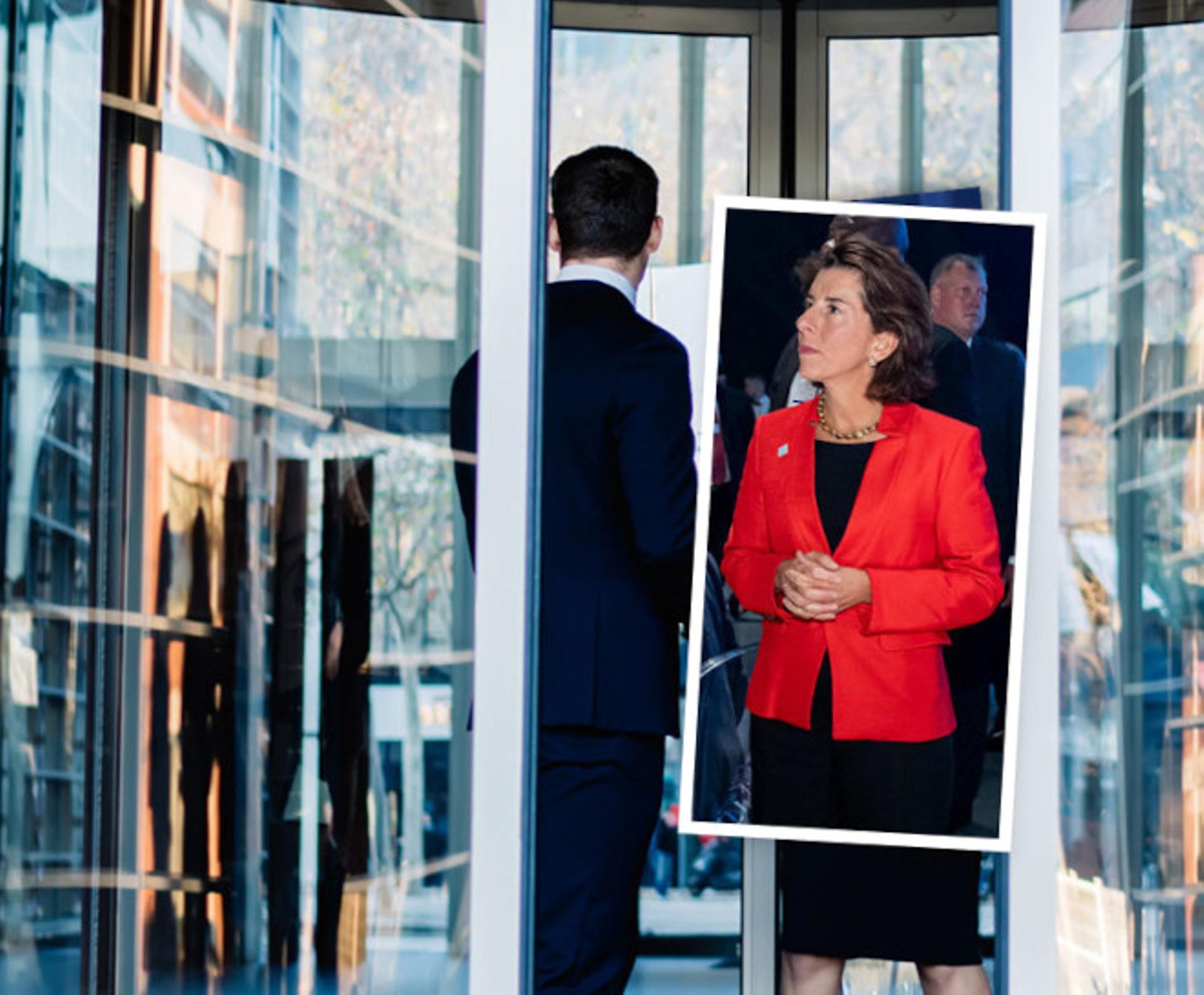 A clearly altered photograph of Raimondo walking through a revolving door.