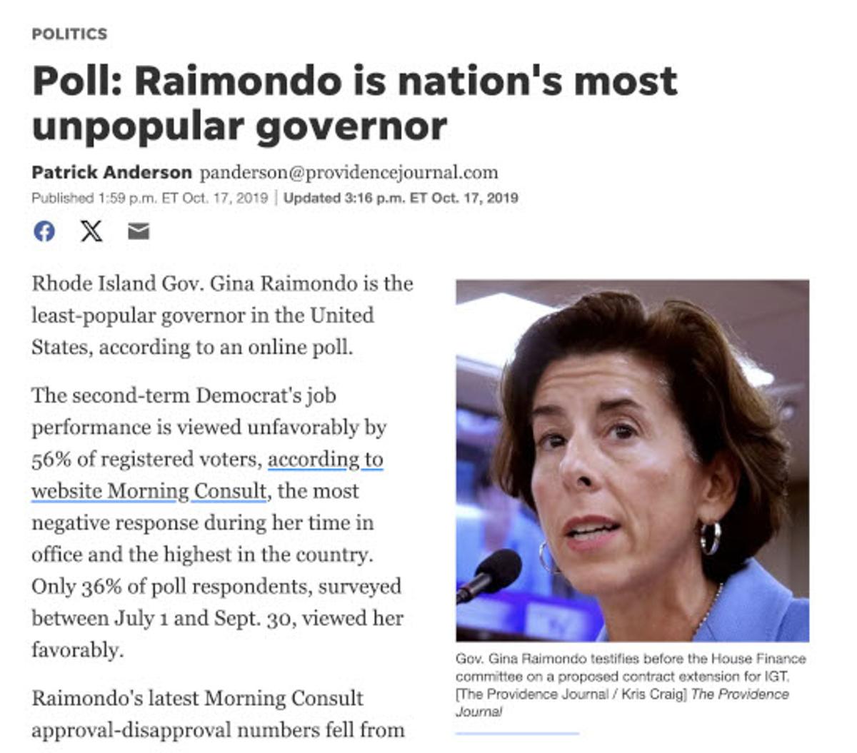 A screenshot of a news clipping; the headline reads "Poll: Raimondo is nation's most unpopular governor."